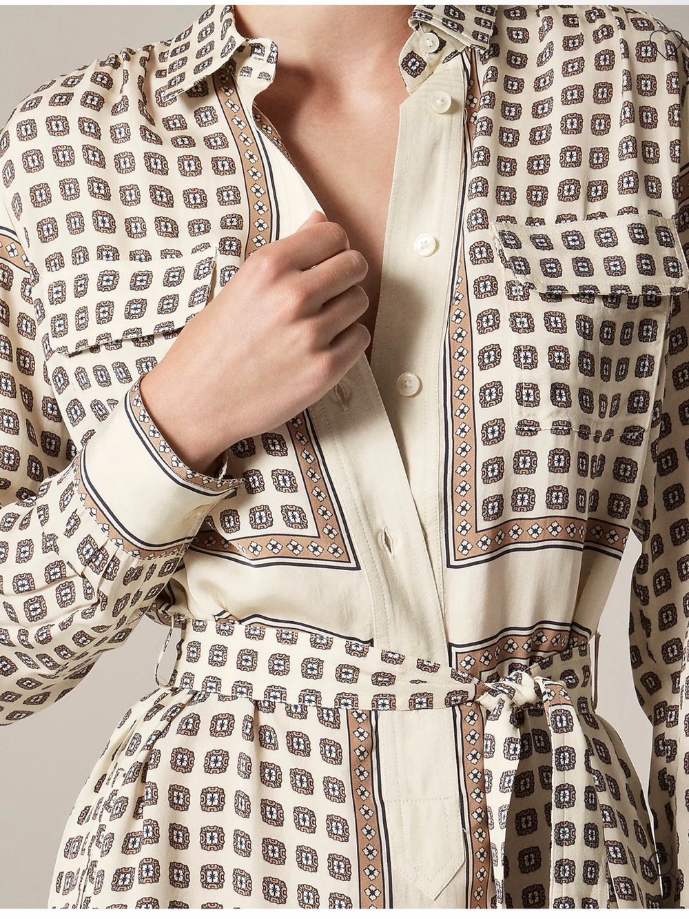J. Crew Tie Waist Shirt Dress In Foulard Print Ivory Cream Sz. 4 CN920 $248 NEW